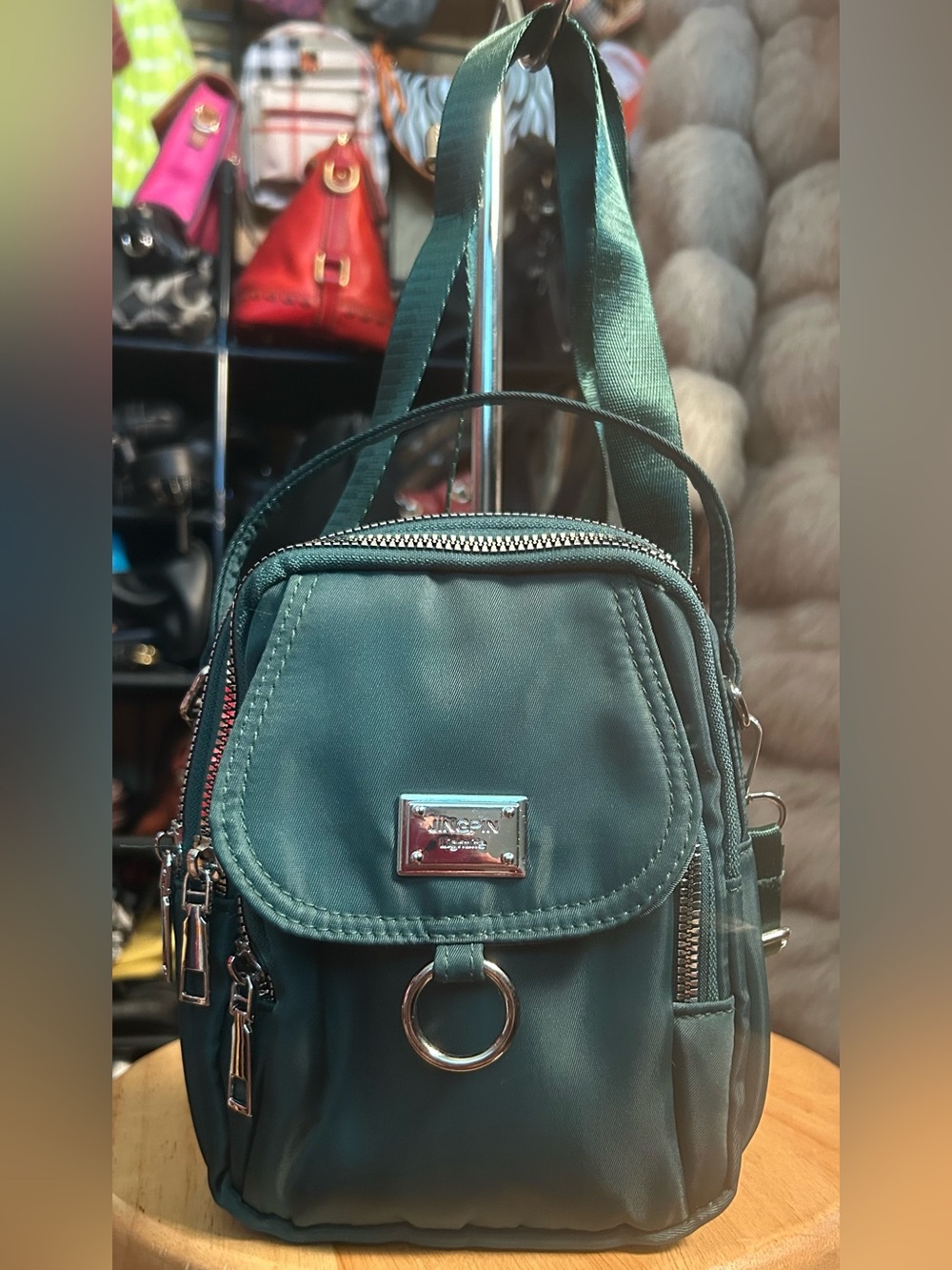Jingpin Forest Green Women's Nylon Crossbody Mini Bag with Silver Hardware NEW!